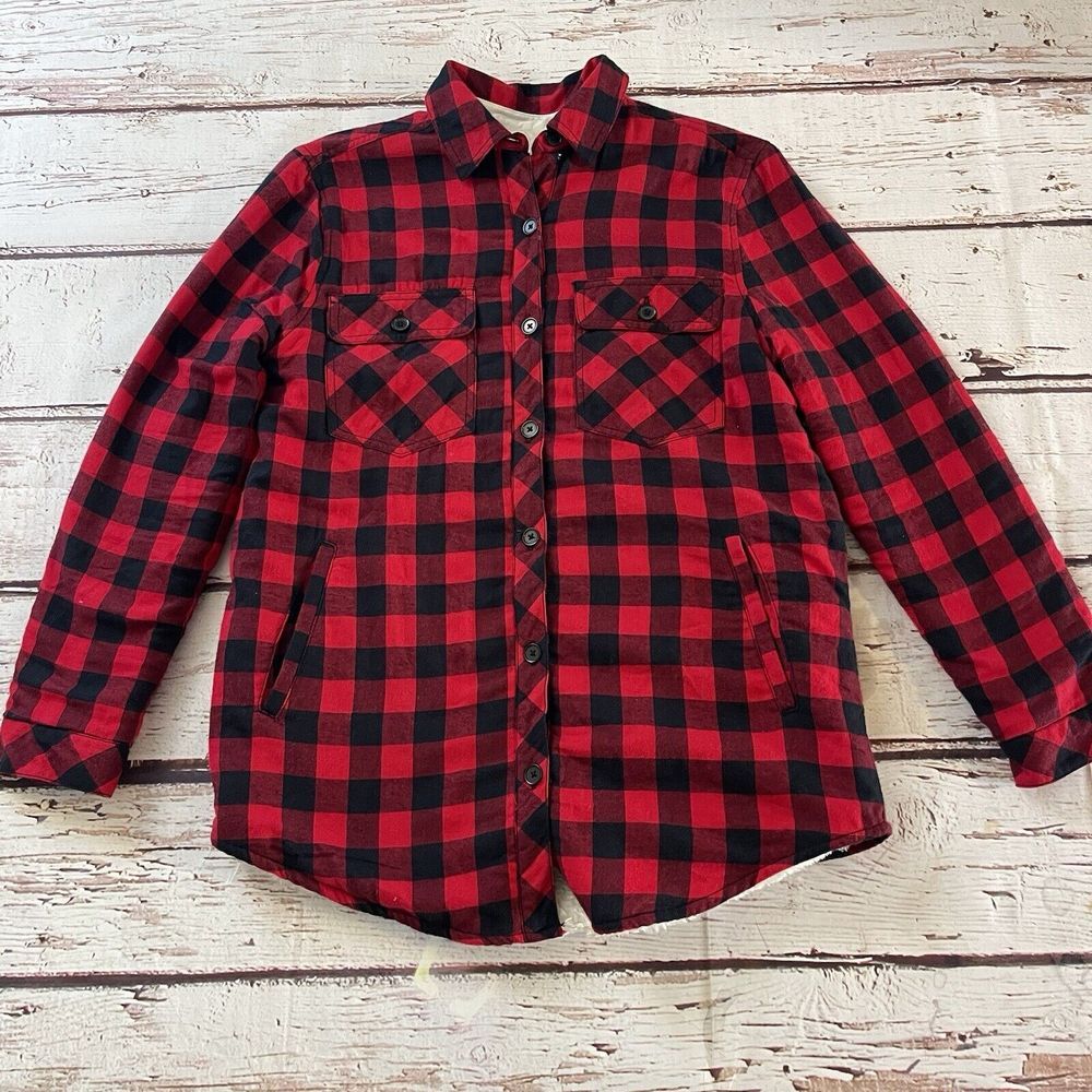 Zara Women Fleece Lined Flannel Buffalo Red Plaid Jacket Shirt Coat Size XS Cozy